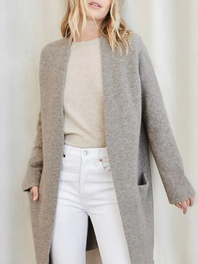 Women's Elegant Solid Color Long Knitted Cardigan Sweater with Pocket Autumn Winter New Temperament Fashion 2025