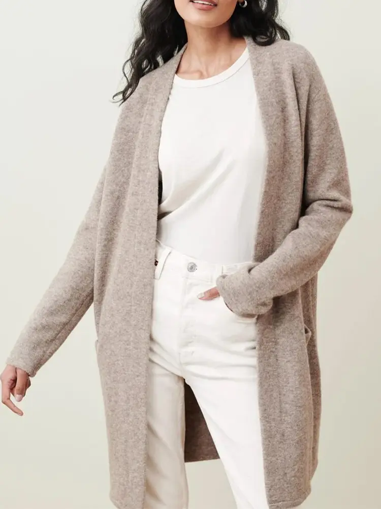 Women's Elegant Solid Color Long Knitted Cardigan Sweater with Pocket Autumn Winter New Temperament Fashion 2025
