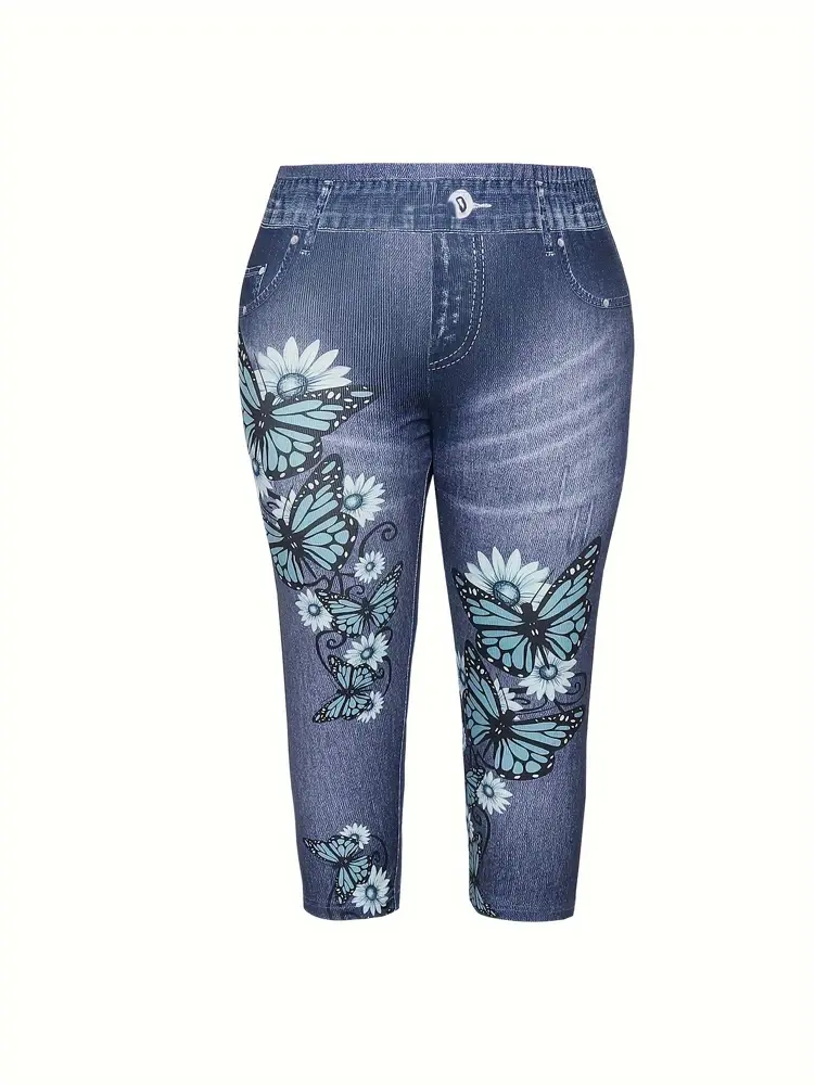Plus Size Spring Summer Women's Clothing Floral Printed Fake Pockets Skinny Pants Casual Elastic Waist Faux Denim Skinny Pants