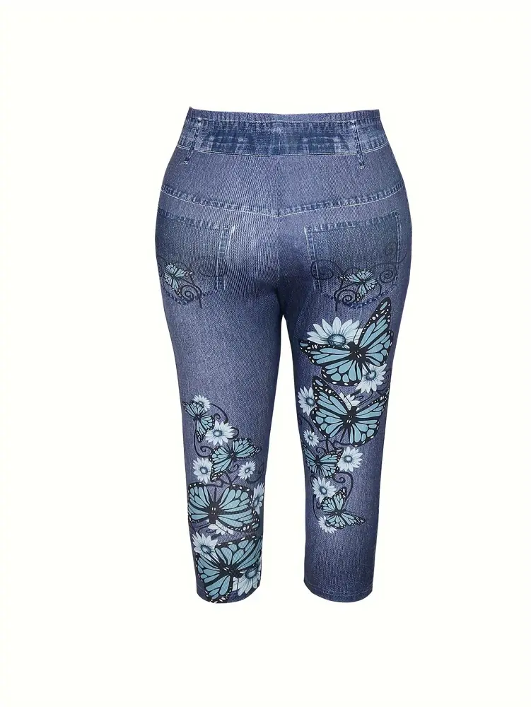Plus Size Spring Summer Women's Clothing Floral Printed Fake Pockets Skinny Pants Casual Elastic Waist Faux Denim Skinny Pants