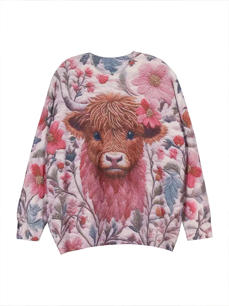 Plus Size Women's Knitwear Highland Cow Pink Flower Embroidery Comfortable Knitted Sweater Best Choice for Autumn and Winter