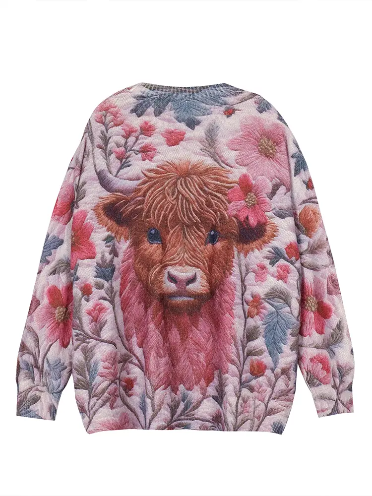 Plus Size Women's Knitwear Highland Cow Pink Flower Embroidery Comfortable Knitted Sweater Best Choice for Autumn and Winter
