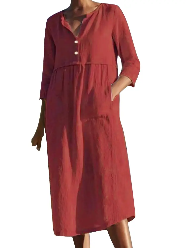 Plus Size Women's Linen Shirts Dress Fall V Neck 3/4 Rolled-Up Sleeve Pleated Shirts Soft Beach Yoga Shift Dress with Pockets