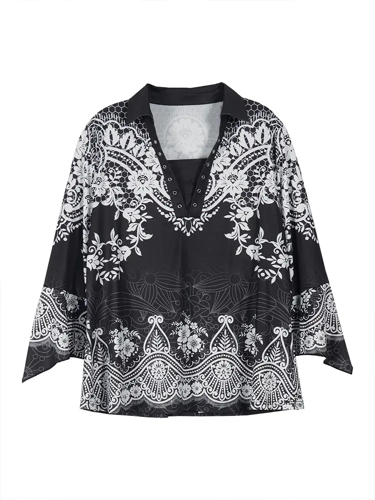 Plus Size Women's Flower Print Irregular Cuff T-Shirt Spring and Autumn Casual Quarter Sleeve Tops Women's