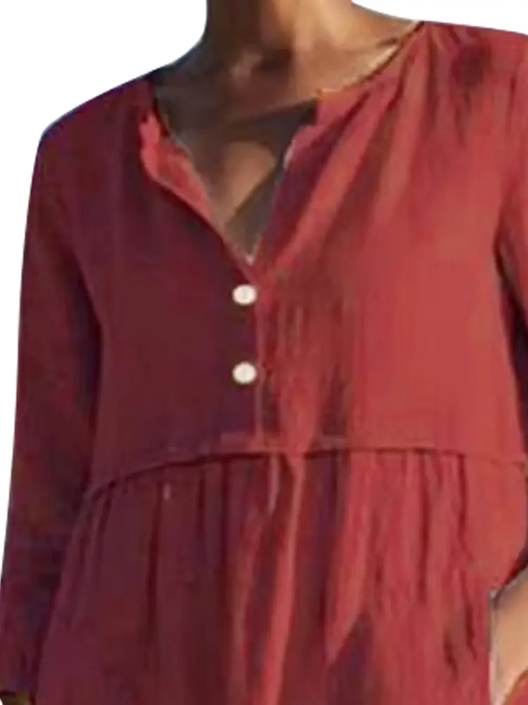 Plus Size Women's Linen Shirts Dress Fall V Neck 3/4 Rolled-Up Sleeve Pleated Shirts Soft Beach Yoga Shift Dress with Pockets