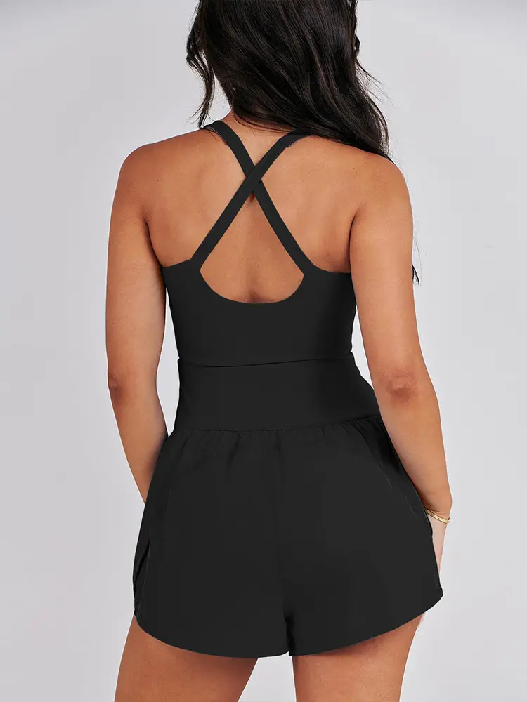 Sporty chic 2025 Summer New Women's Hollow Suspenders Jumpsuit Slim High Waist U-Neck Sports Jumpsuit Polyester Material