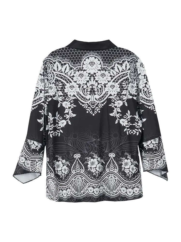 Plus Size Women's Flower Print Irregular Cuff T-Shirt Spring and Autumn Casual Quarter Sleeve Tops Women's