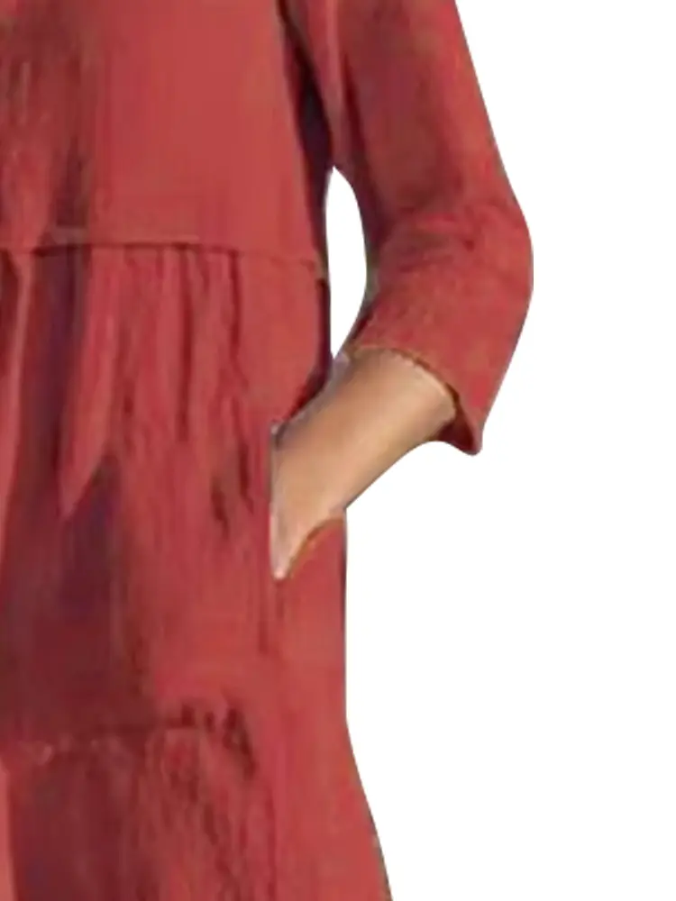 Plus Size Women's Linen Shirts Dress Fall V Neck 3/4 Rolled-Up Sleeve Pleated Shirts Soft Beach Yoga Shift Dress with Pockets