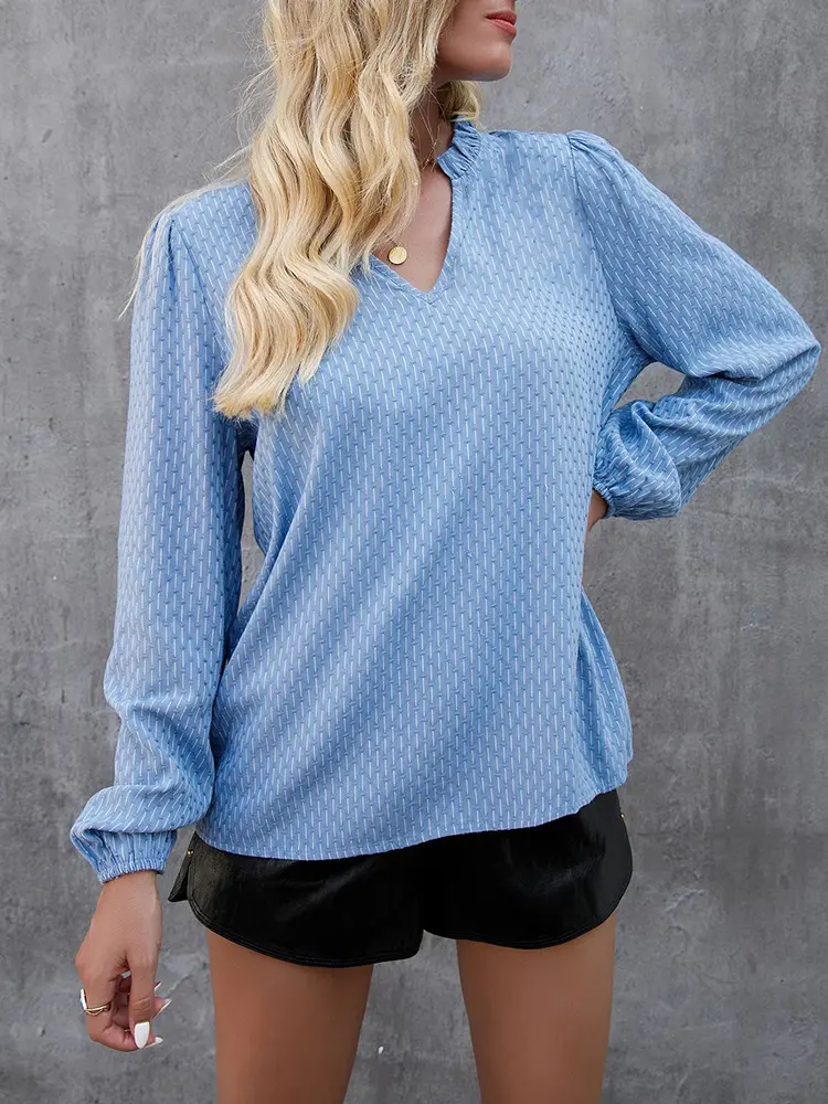 Women's V Neck Long Sleeve Blouse Casual Pom Poms Flowy Tunic Shirt Dressy Work Top for Fall