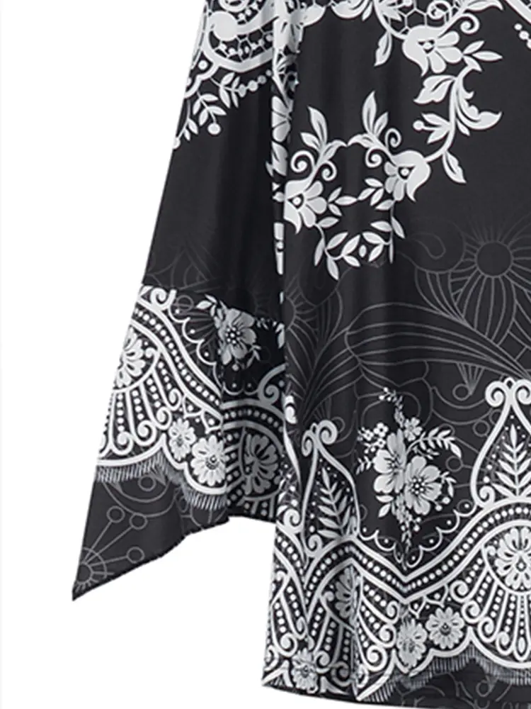 Plus Size Women's Flower Print Irregular Cuff T-Shirt Spring and Autumn Casual Quarter Sleeve Tops Women's
