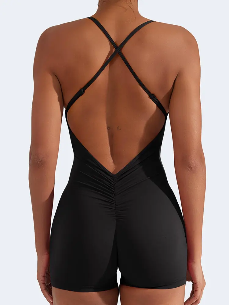 Sporty chic 2024 Spring And Summer New Women's Backless Package Hip Jumpsuit Sexy Slim Yoga Wear Cross Strap One-Piece Shorts