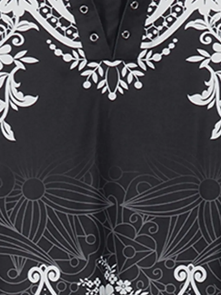 Plus Size Women's Flower Print Irregular Cuff T-Shirt Spring and Autumn Casual Quarter Sleeve Tops Women's
