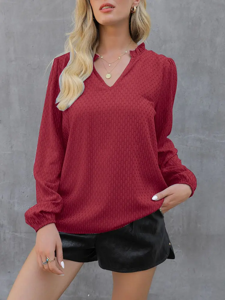Women's V Neck Long Sleeve Blouse Casual Pom Poms Flowy Tunic Shirt Dressy Work Top for Fall