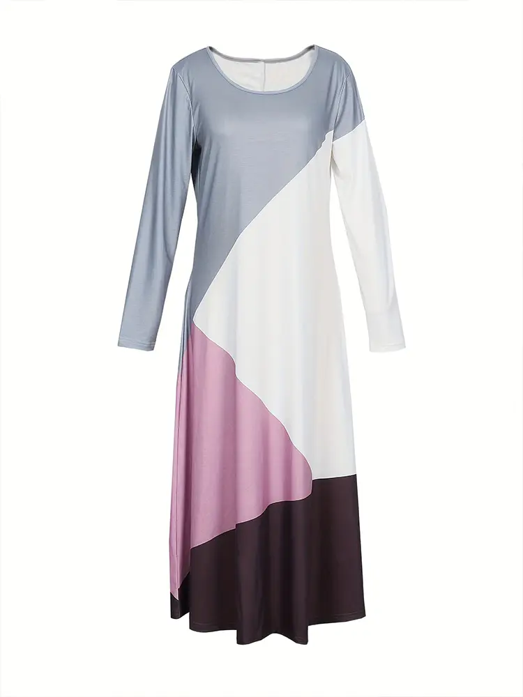 Colour Block Simple Dress Casual Round Neck Long Sleeve Long Women's Clothing Autumn New 2024 Long Dresses