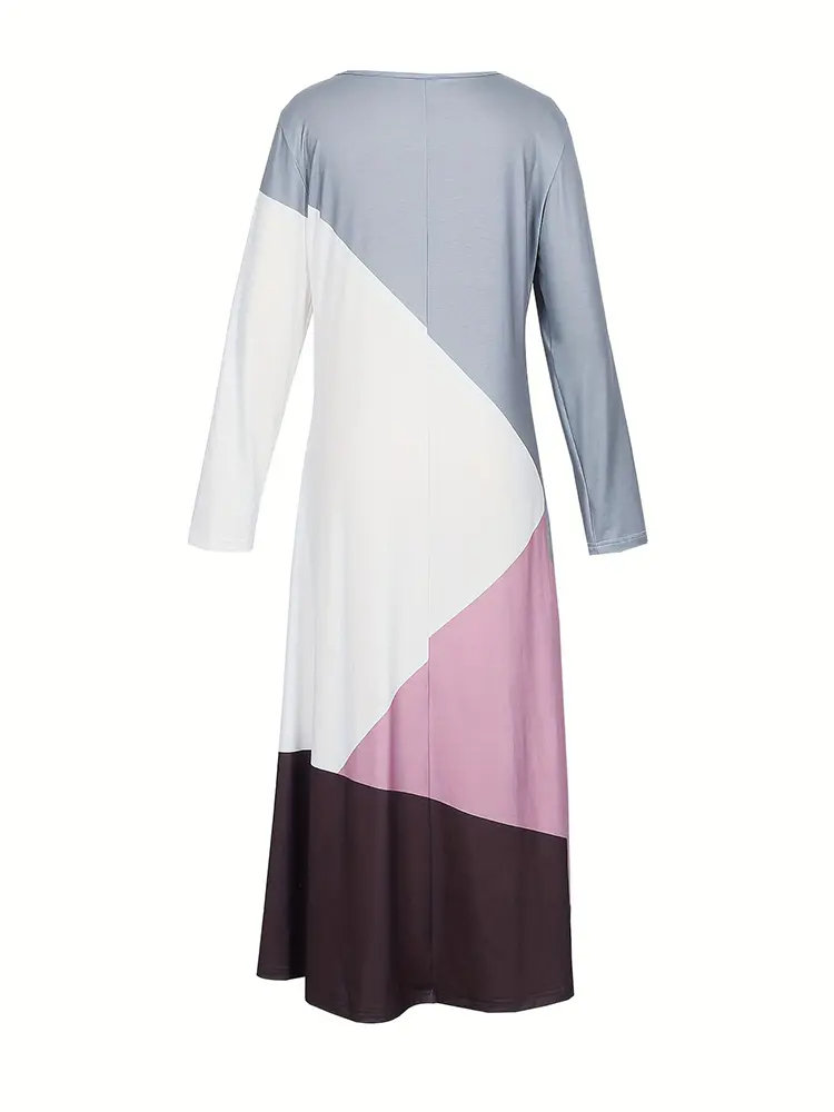 Colour Block Simple Dress Casual Round Neck Long Sleeve Long Women's Clothing Autumn New 2024 Long Dresses