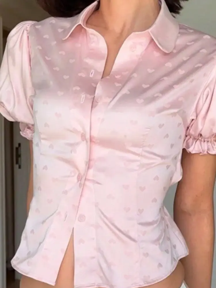 Bubble Short Sleeve Button Shirt Elegant Lovely Shaped Color Din Back Tie Rope Blouse Solid Color Sweetheart