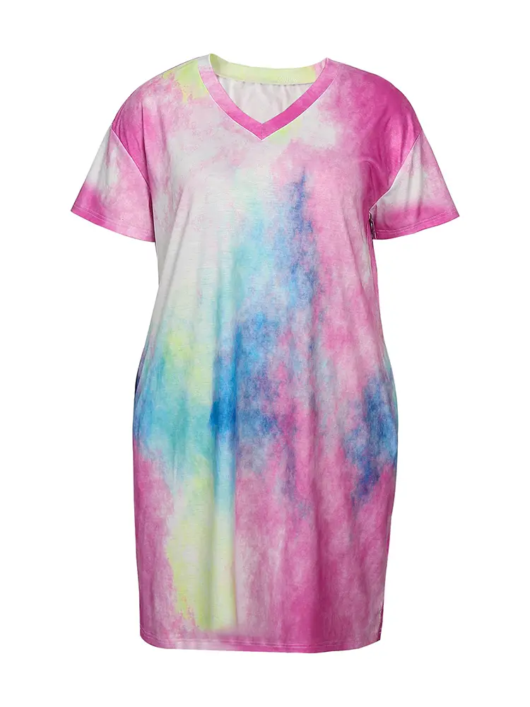 Plus Size Women's Casual Dresses Elegant Tie-Dye T Shirt Dresses Loose Plus Size Party Dresses V-Neck Pullover Dresses