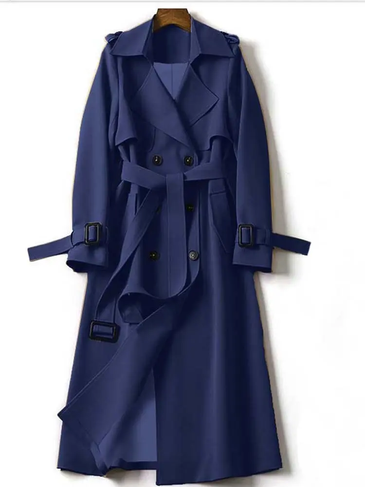 2024 Autumn Winter Solid Color Trench Coat Double Row Button Design Waist Lapel Simple Style for Lengthening