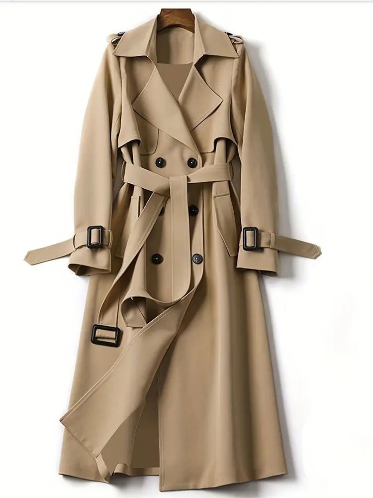 2024 Autumn Winter Solid Color Trench Coat Double Row Button Design Waist Lapel Simple Style for Lengthening