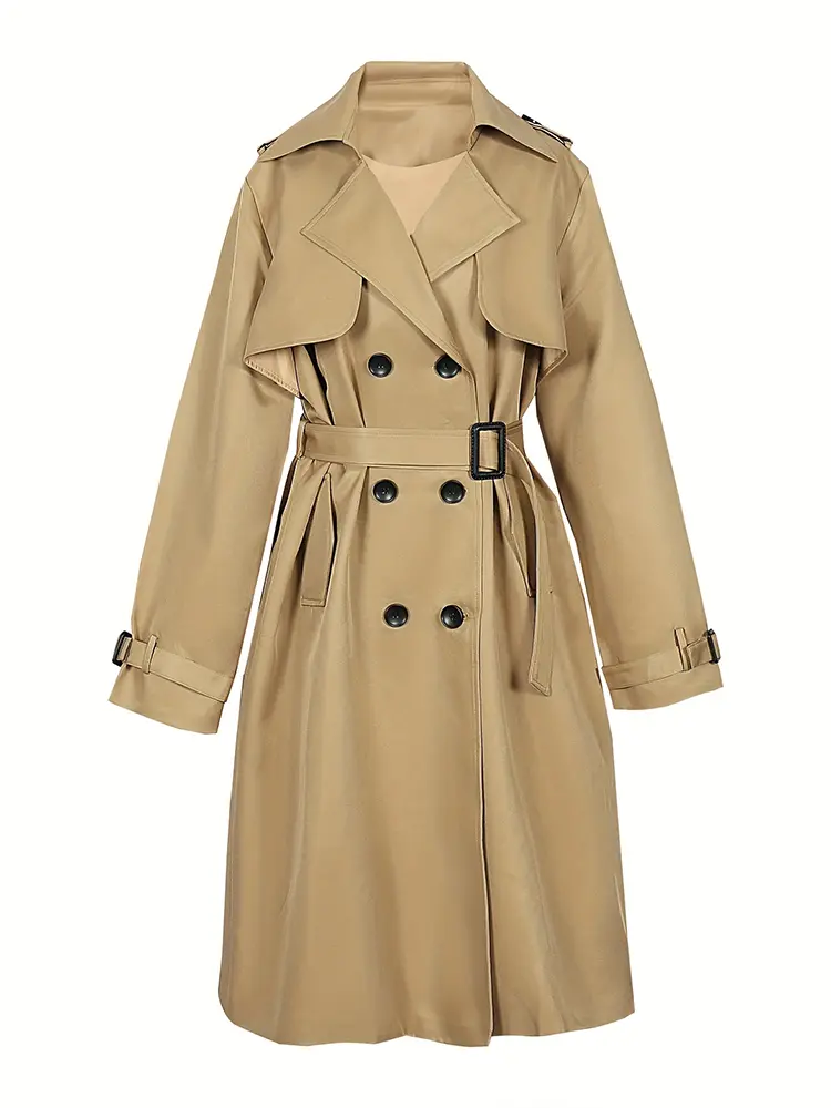2024 Autumn Winter Solid Color Trench Coat Double Row Button Design Waist Lapel Simple Style for Lengthening