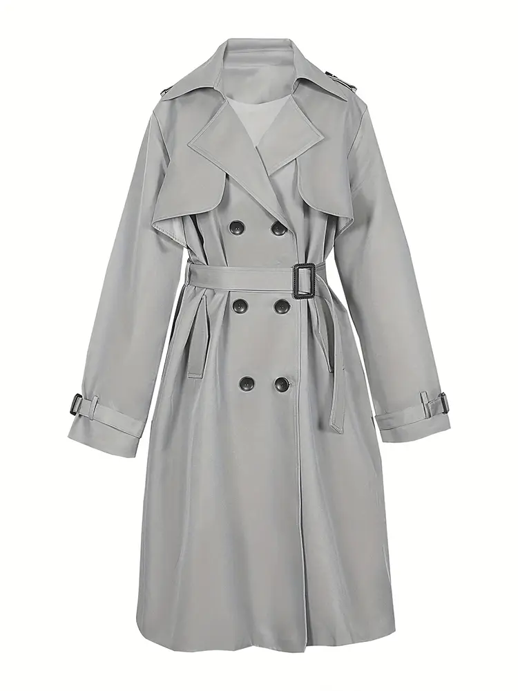 2024 Autumn Winter Solid Color Trench Coat Double Row Button Design Waist Lapel Simple Style for Lengthening
