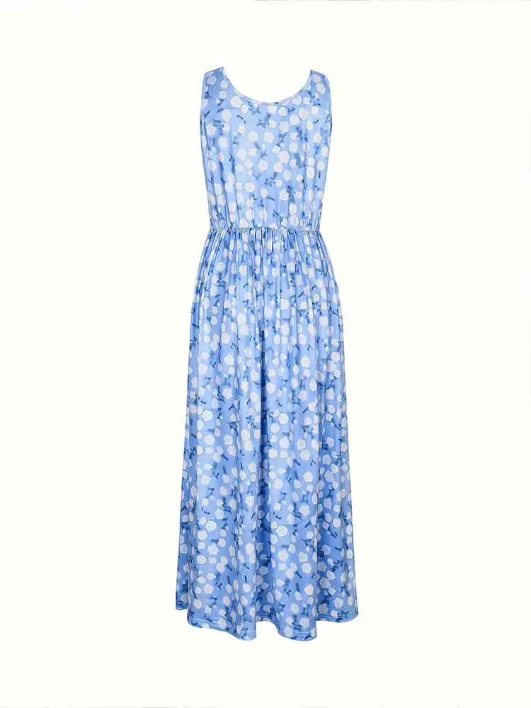 2024 Summer New Women's Floral Round Neck Dresses Sleeveless Pleated Comfortable Dresses Optimal Summer