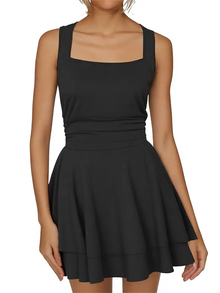 Women's Square Neck Sleeveless Backless High Waist Ruffle Hem Mini Dress Casual Summer A-Line Swing Tie Waist Short Dress