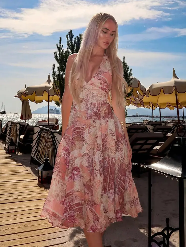 Elegant Floral Print Halter High Waist Flowy Midi Dress Beach School/Graduation Evening Dating Backless
