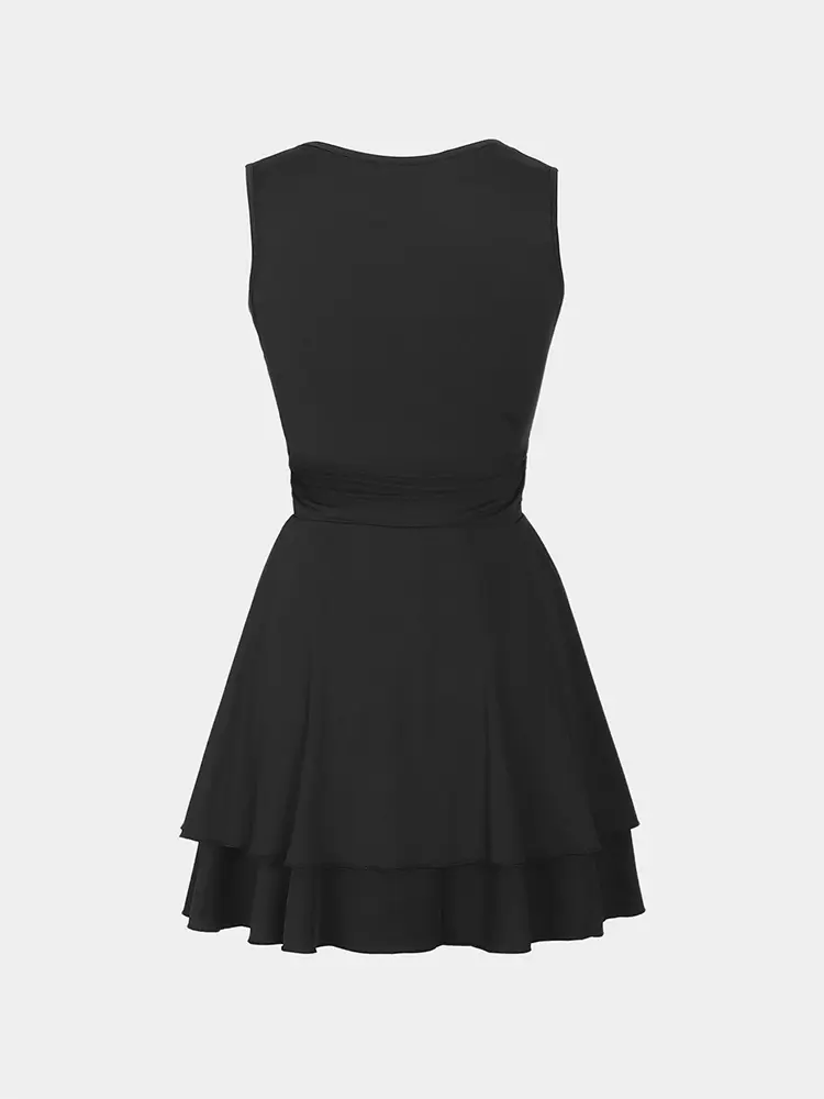 Women's Square Neck Sleeveless Backless High Waist Ruffle Hem Mini Dress Casual Summer A-Line Swing Tie Waist Short Dress