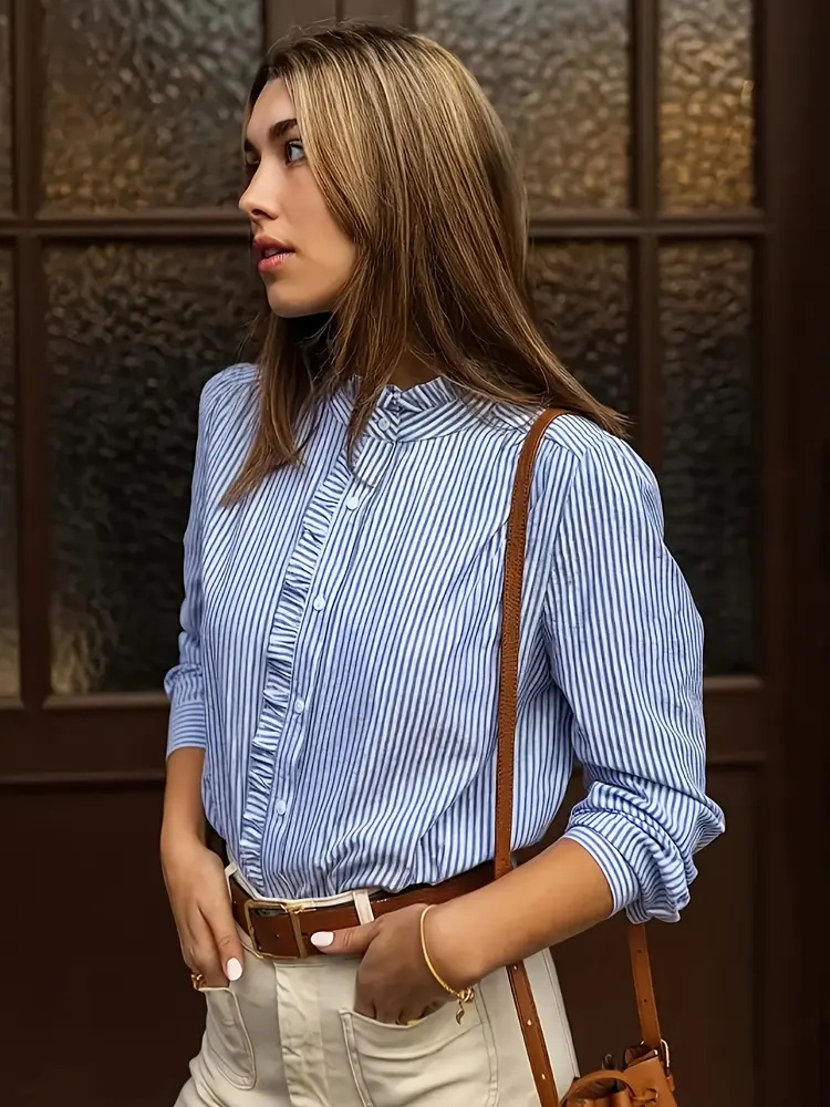 Plus Size Women's 2025 New Women's Blue Striped Shirt Basic Comfortable Versatile Temperament Long Sleeve Shirt