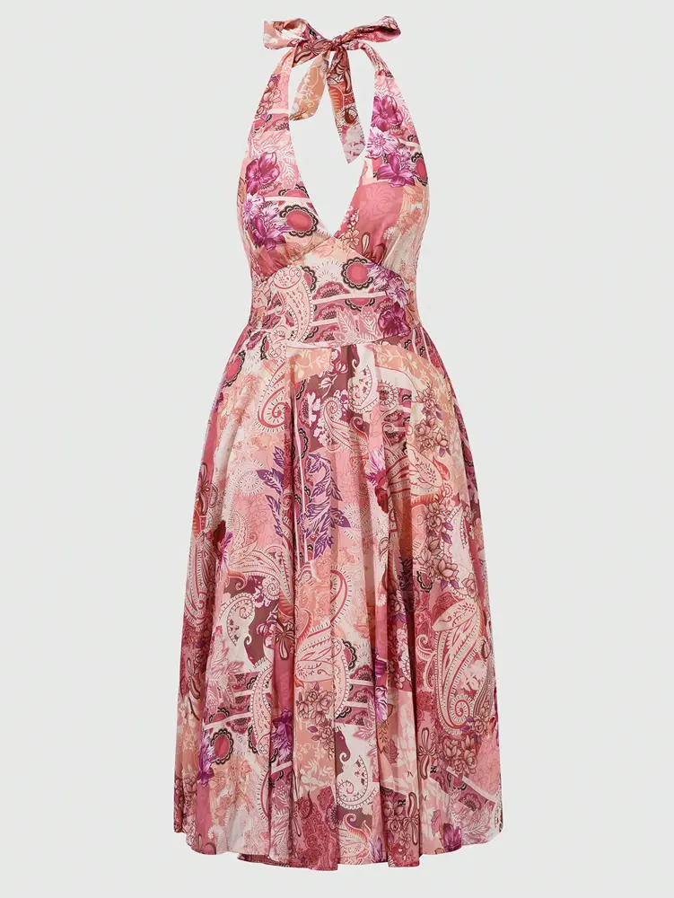 Elegant Floral Print Halter High Waist Flowy Midi Dress Beach School/Graduation Evening Dating Backless