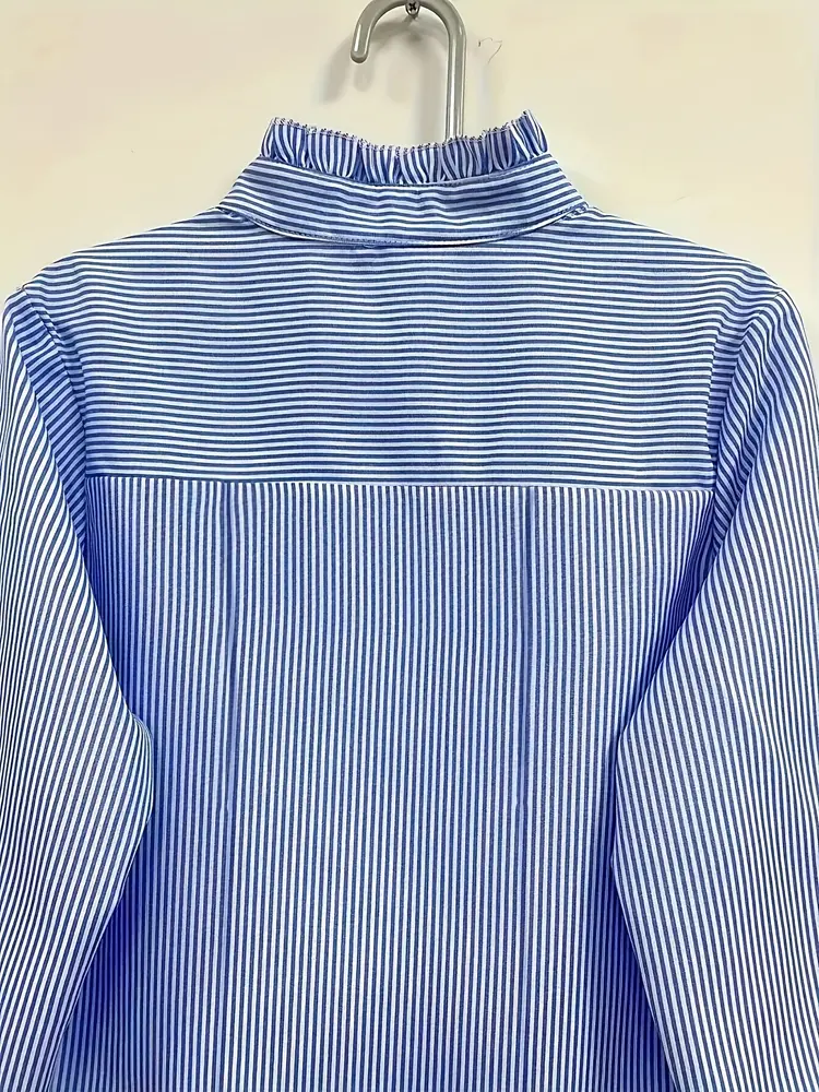 Plus Size Women's 2025 New Women's Blue Striped Shirt Basic Comfortable Versatile Temperament Long Sleeve Shirt