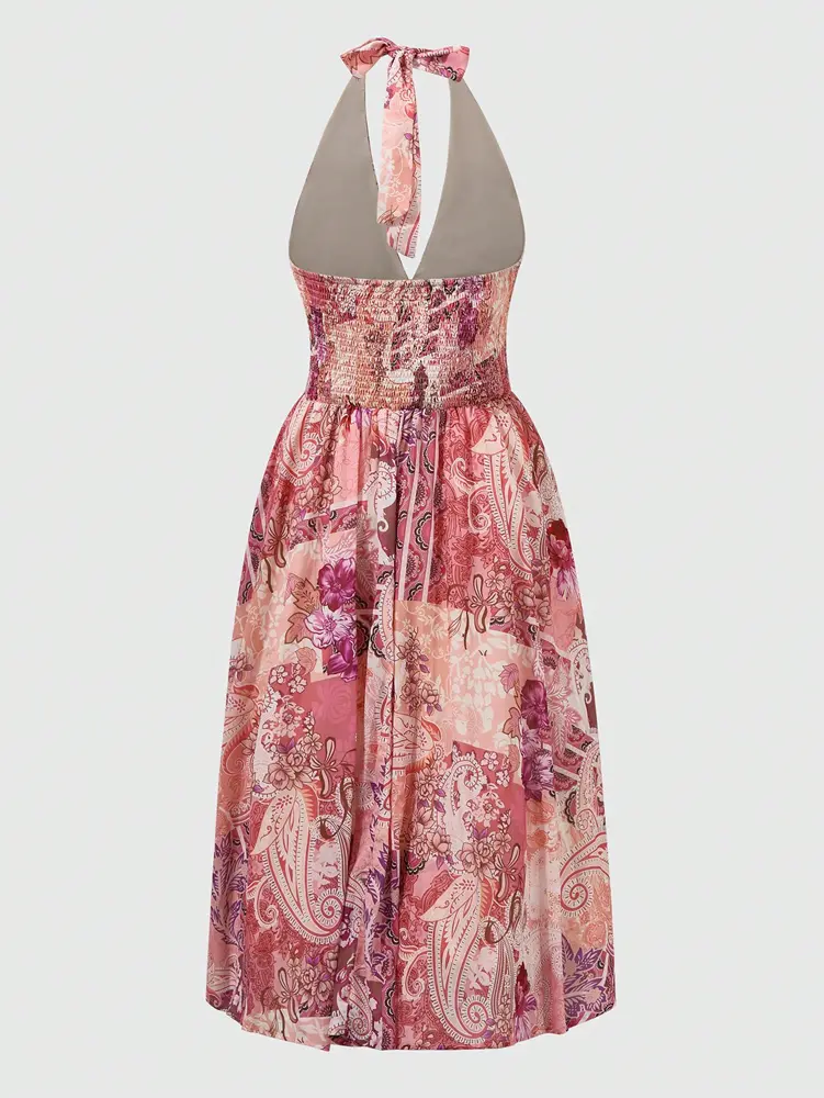 Elegant Floral Print Halter High Waist Flowy Midi Dress Beach School/Graduation Evening Dating Backless