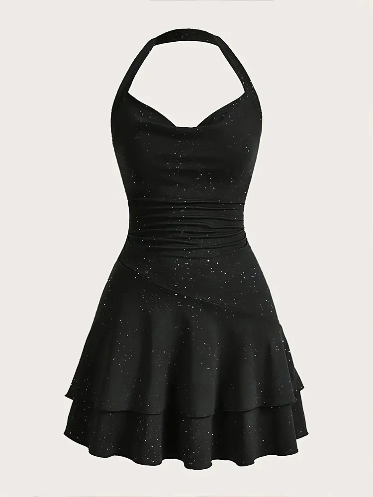 2025 Summer New Women's Sequins Neck Sleeveless Dress Sequins Dress Elegant Shiny V-Neck Glitter Mini Dresses
