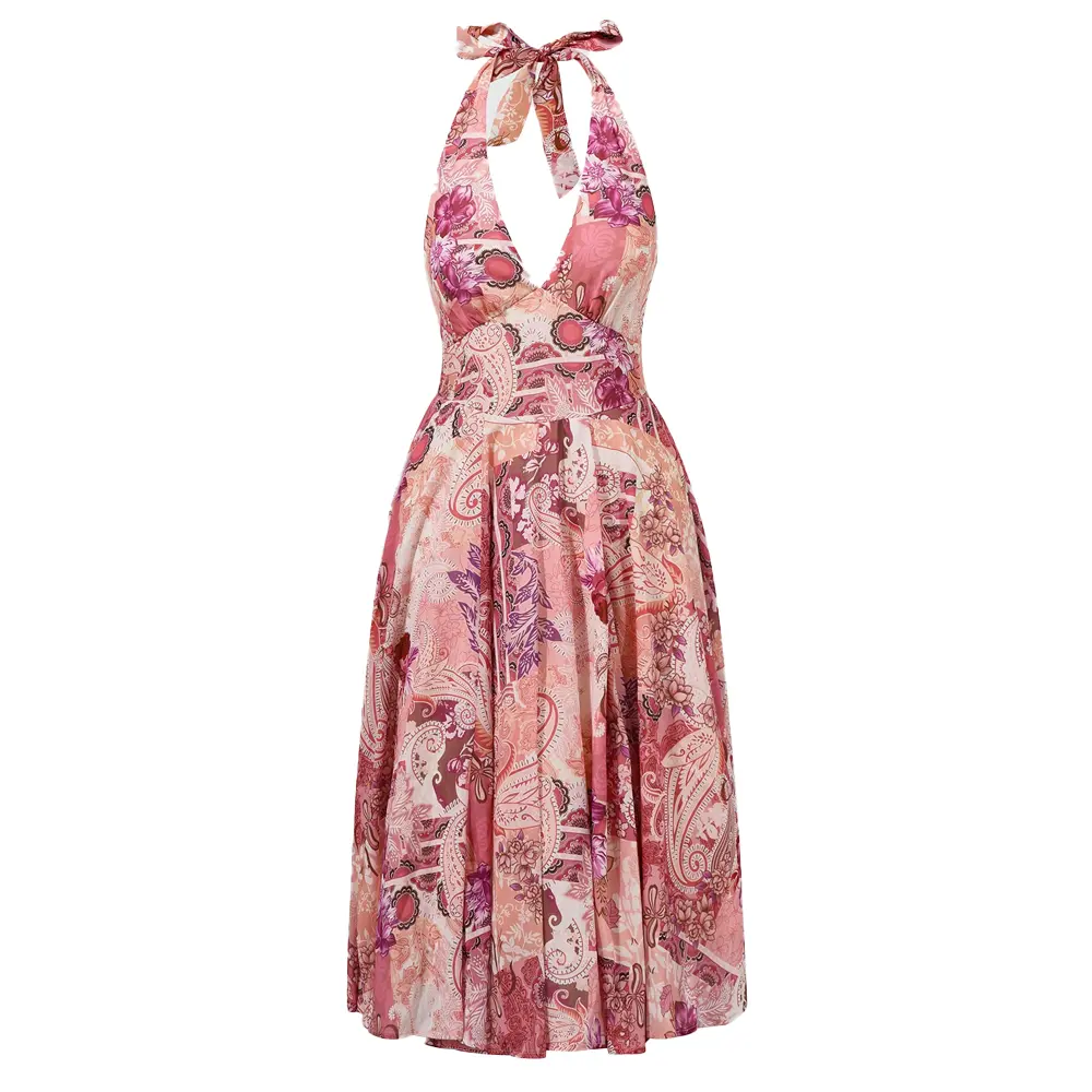 Elegant Floral Print Halter High Waist Flowy Midi Dress Beach School/Graduation Evening Dating Backless