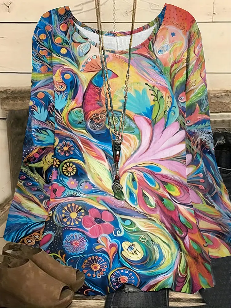 Plus Size 2025 Summer Explosion Casual Tops Women's Peacock Print Long Sleeve Summer Best Choice Basic
