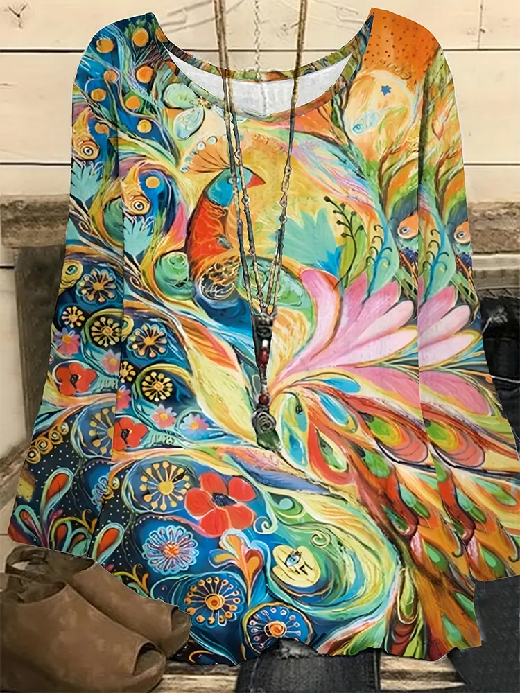 Plus Size 2025 Summer Explosion Casual Tops Women's Peacock Print Long Sleeve Summer Best Choice Basic