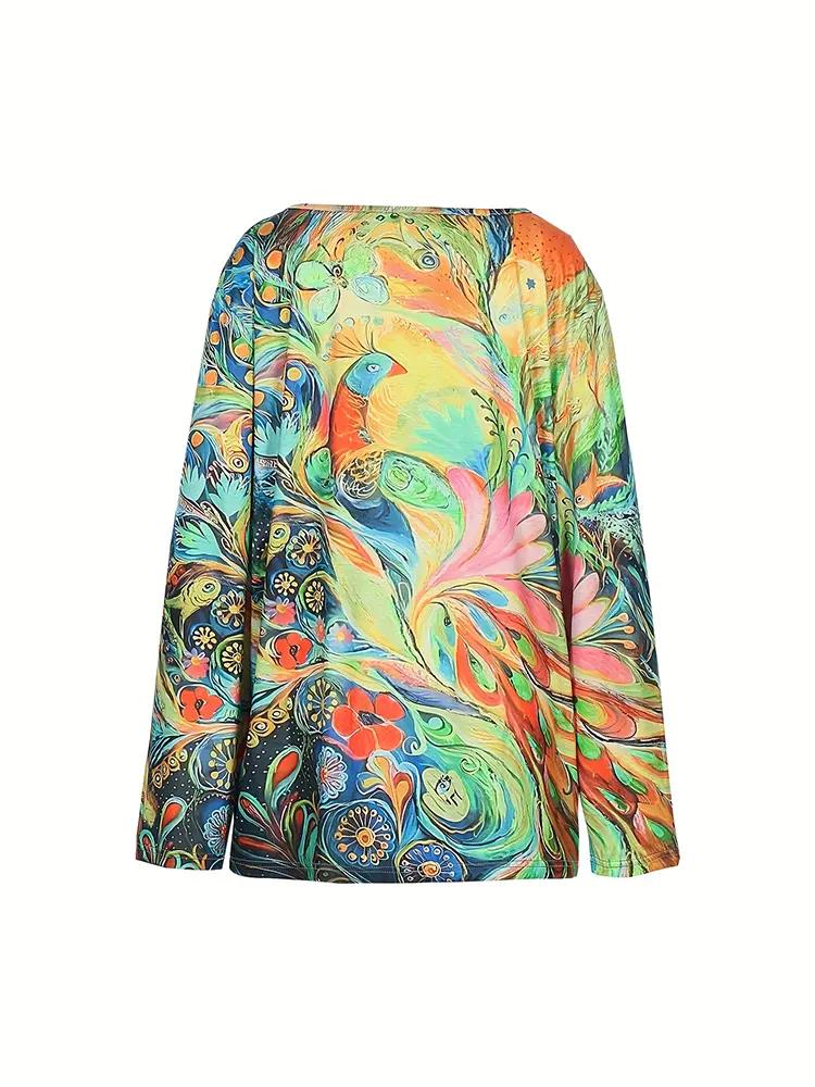 Plus Size 2025 Summer Explosion Casual Tops Women's Peacock Print Long Sleeve Summer Best Choice Basic