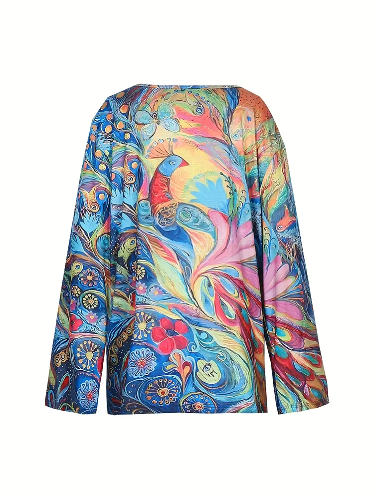 Plus Size 2025 Summer Explosion Casual Tops Women's Peacock Print Long Sleeve Summer Best Choice Basic