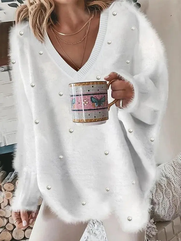 Women's Ribbed Knit Pullover Sweater Jumper Oversized V Neck Solid Color Casual Outdoor Daily Wear for Fall Winter