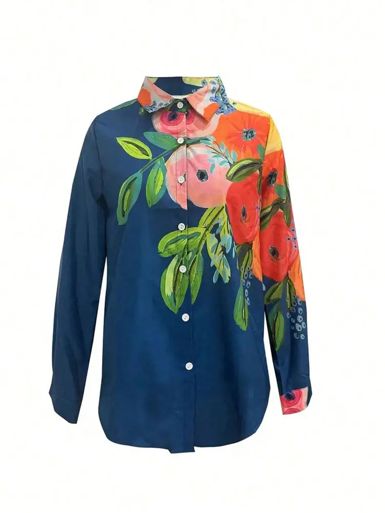 Plus Size 2025 Spring/Summer New Large Size Casual Flip Neck Spring & Autumn Women's Floral Tops 100% Polyester