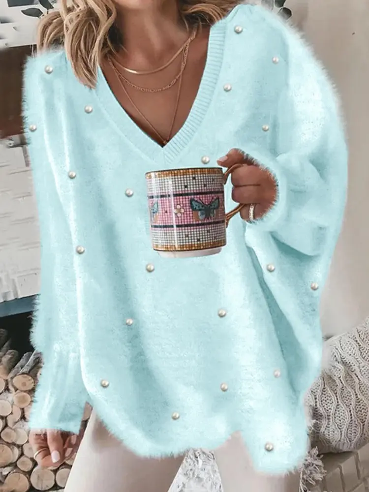 Women's Ribbed Knit Pullover Sweater Jumper Oversized V Neck Solid Color Casual Outdoor Daily Wear for Fall Winter