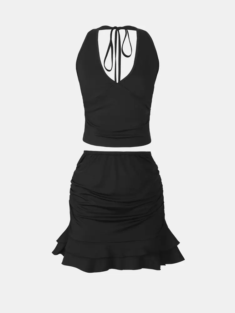 Women Hanging neck vest Black bustier Short skirt Two-piece suit Women 2025 New polyester Summer Best Choice