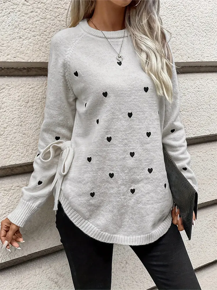 plus Size Women's round Neck Knit Sweater with Love Heart Pattern Zip Sleeve Side Neck Tie Detail Pullover Style for Comfortable