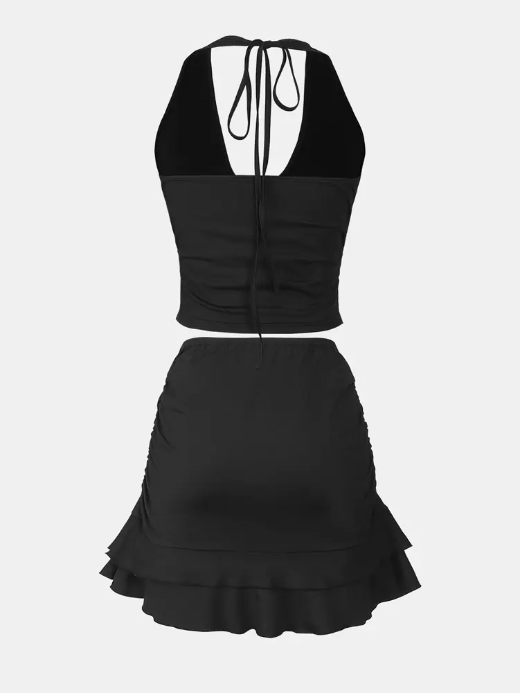 Women Hanging neck vest Black bustier Short skirt Two-piece suit Women 2025 New polyester Summer Best Choice