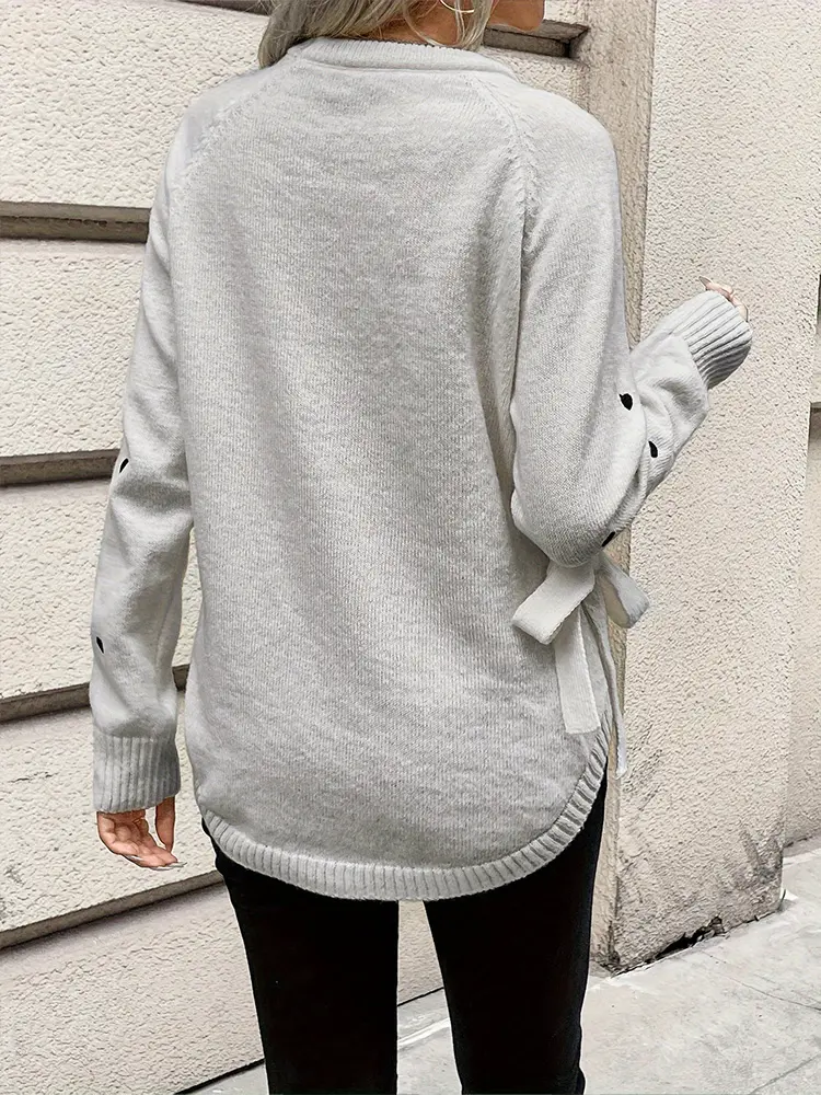 plus Size Women's round Neck Knit Sweater with Love Heart Pattern Zip Sleeve Side Neck Tie Detail Pullover Style for Comfortable