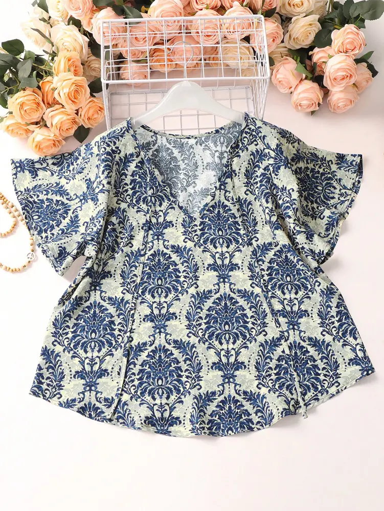 Plus Size Navy Blue Printed Loose V-Neck Short Sleeve Casual Shirt Blouse Top Women Commuter Casual Home