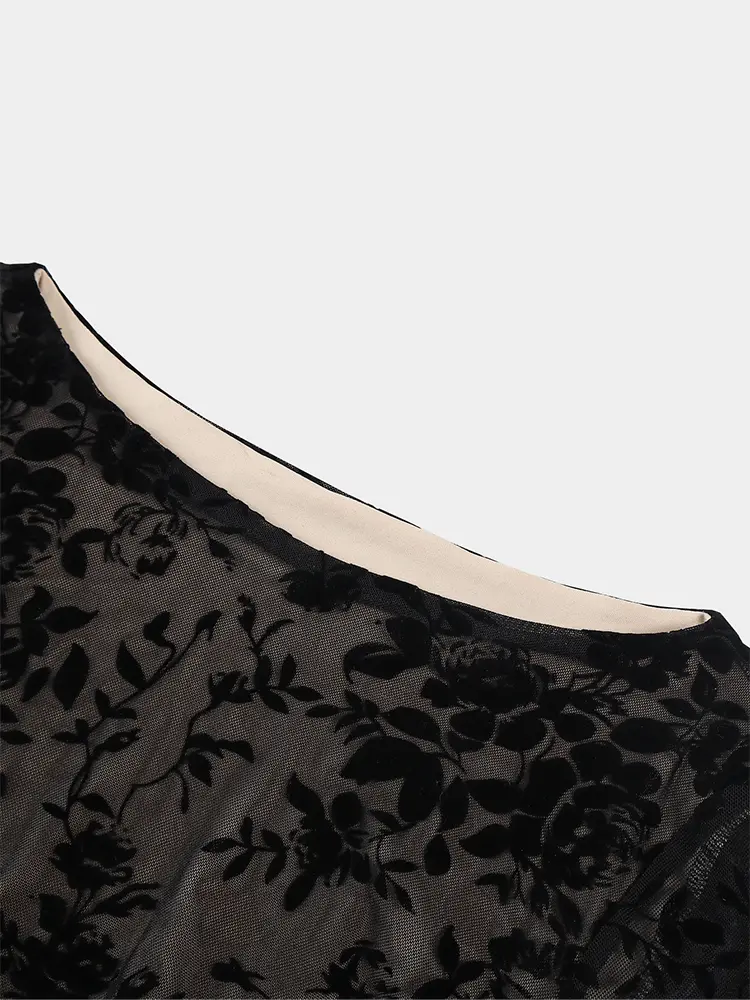 Women's Long Flared Sleeve round Neck Black Floral Lace Elegant Midi Dress Spring Summer Fashionable Casual Maxi Gown