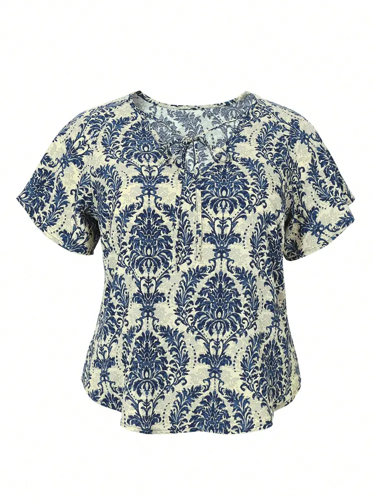 Plus Size Navy Blue Printed Loose V-Neck Short Sleeve Casual Shirt Blouse Top Women Commuter Casual Home