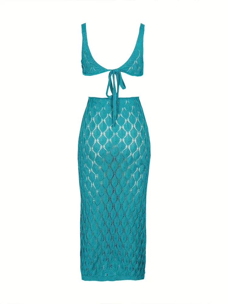 Solid colour sleeveless knitted dress Split neckline Bow tie decorative tassels Holiday style Seaside Slim knitted cover-up